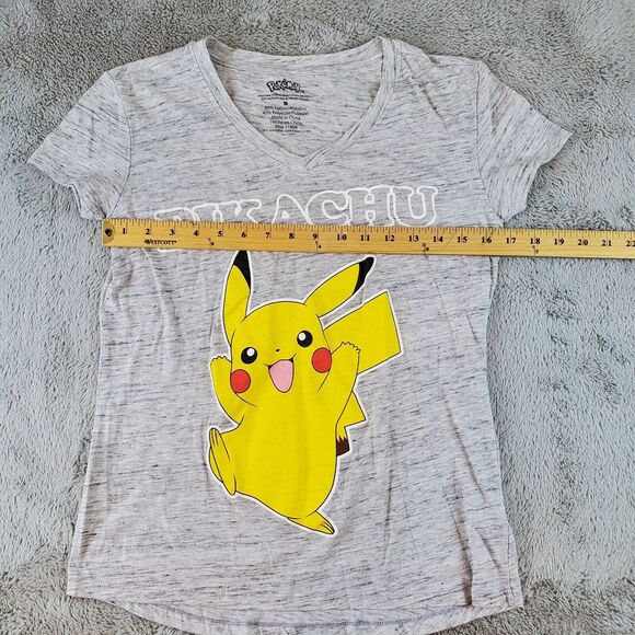 Pikachu Shirt Youth Sz M Heather Gray Yellow Pokemon Tee Short Sleeve V-Neck Top - Picture 3 of 5